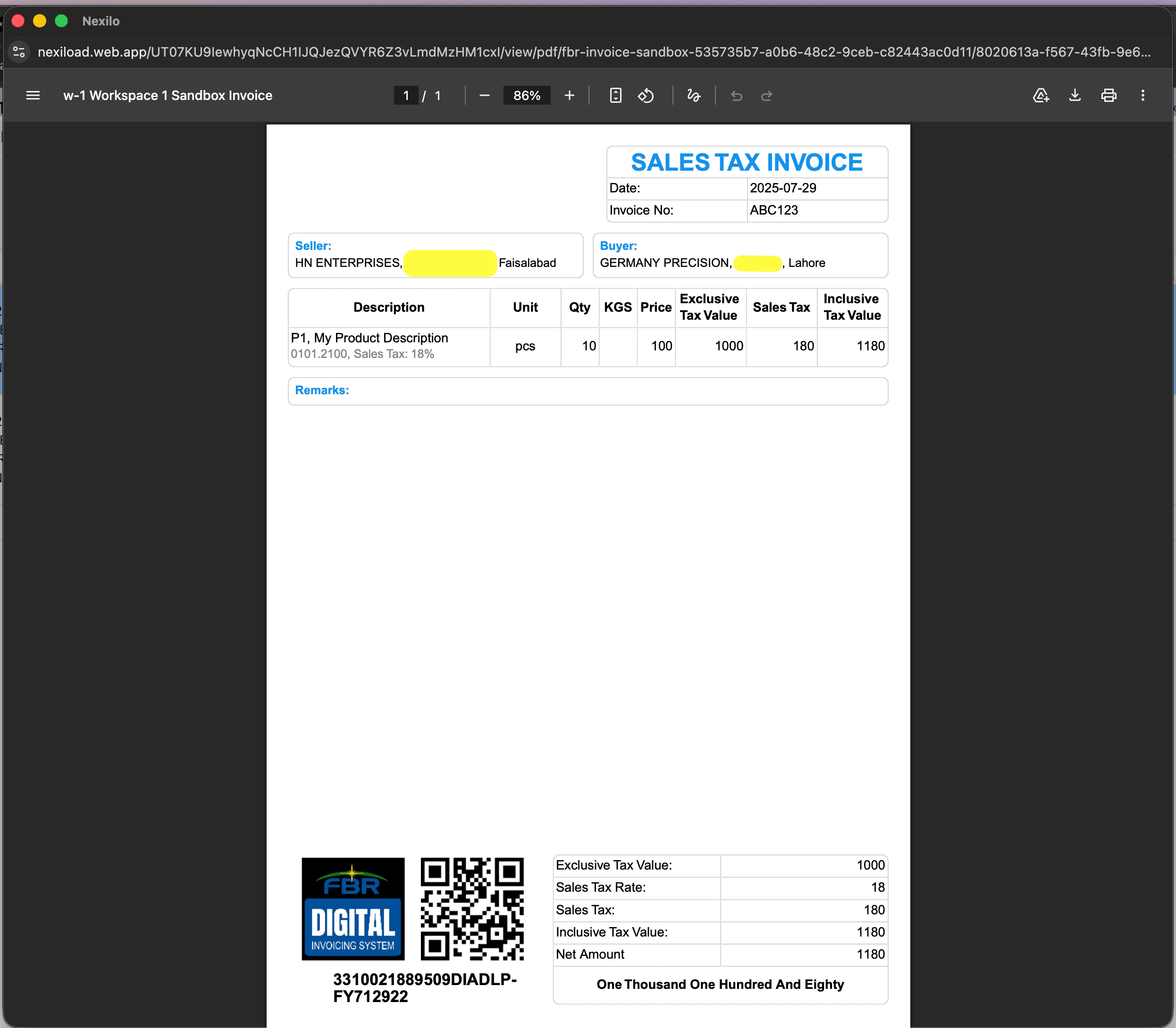 FBR Invoice Builder — invoice sample